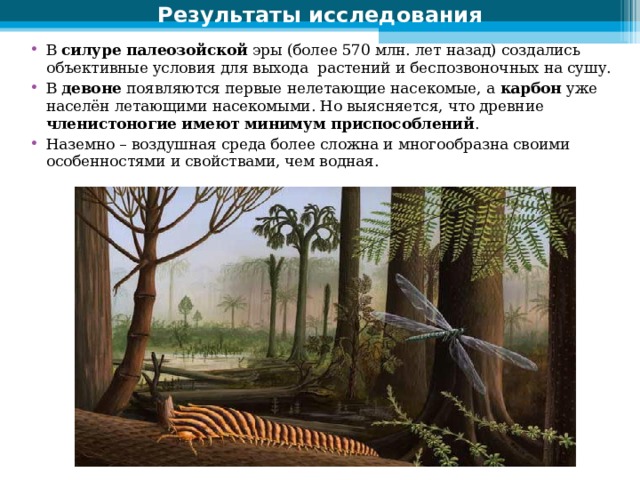 Результаты исследования В силуре палеозойской эры (более 570 млн. лет назад) создались объективные условия для выхода растений и беспозвоночных на сушу. В девоне появляются первые нелетающие насекомые, а карбон уже населён летающими насекомыми. Но выясняется, что древние членистоногие имеют минимум приспособлений . Наземно – воздушная среда более сложна и многообразна своими особенностями и свойствами, чем водная. 