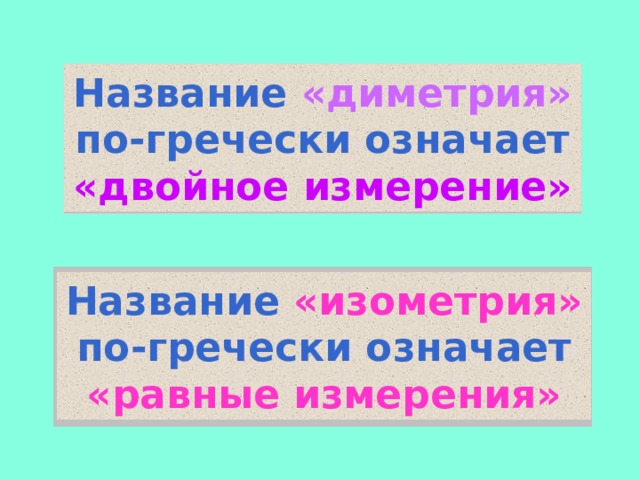 Название «диметрия» по-гречески означает «двойное измерение» Название «изометрия» по-гречески означает «равные измерения» 