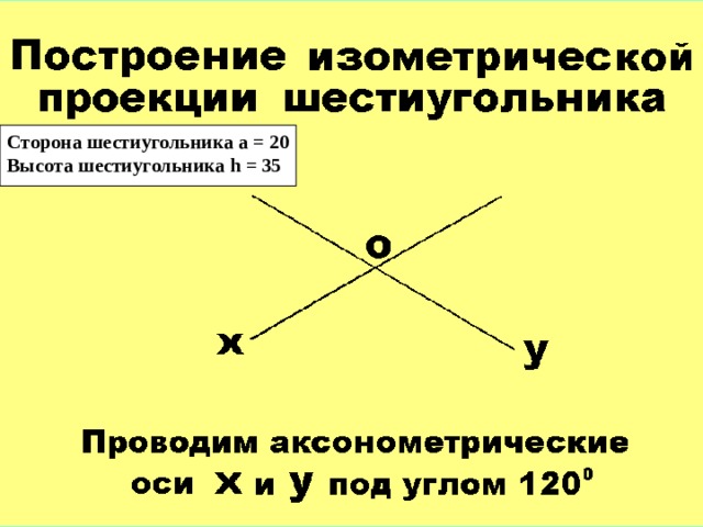 Сторона шестиугольника а = 20 Высота шестиугольника h = 35 