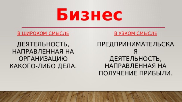 Бизнес В широком смысле В узком смысле предпринимательская деятельность, направленная на получение прибыли. деятельность, направленная на  организацию какого-либо дела. 