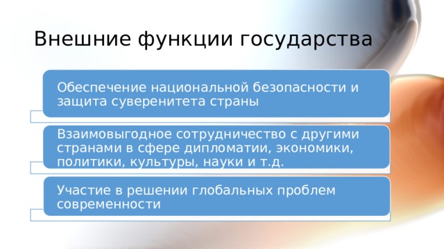 Внешние функции государства Обеспечение национальной безопасности и защита суверенитета страны Взаимовыгодное сотрудничество с другими странами в сфере дипломатии, экономики, политики, культуры, науки и т.д. Участие в решении глобальных проблем современности 2 