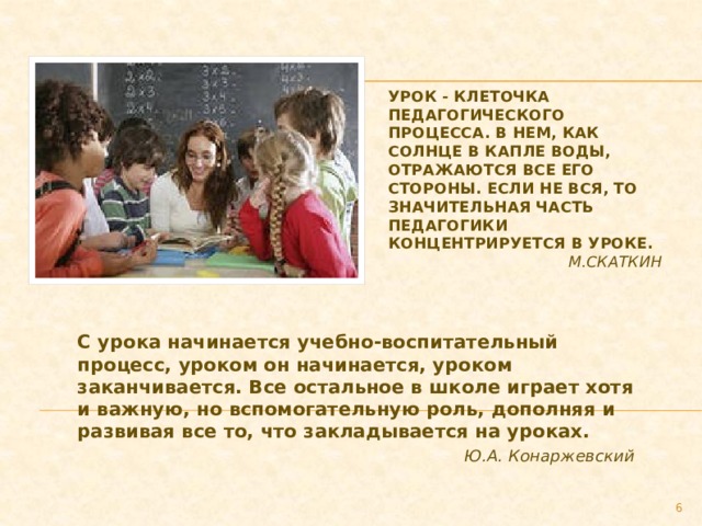 Урок - клеточка педагогического процесса. В нем, как солнце в капле воды, отражаются все его стороны. Если не вся, то значительная часть педагогики концентрируется в уроке.   М.Скаткин С урока начинается учебно-воспитательный процесс, уроком он начинается, уроком заканчивается. Все остальное в школе играет хотя и важную, но вспомогательную роль, дополняя и развивая все то, что закладывается на уроках. Ю.А. Конаржевский  