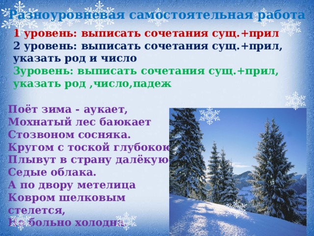 Разноуровневая самостоятельная работа 1 уровень: выписать сочетания сущ.+прил 2 уровень: выписать сочетания сущ.+прил, указать род и число 3уровень: выписать сочетания сущ.+прил, указать род ,число,падеж Поёт зима - аукает, Мохнатый лес баюкает Стозвоном сосняка. Кругом с тоской глубокою Плывут в страну далёкую Седые облака. А по двору метелица Ковром  шелковым стелется, Но больно холодна.  (С.Есенин)