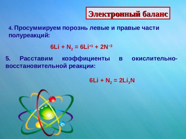 Электронный баланс 4. Просуммируем  порознь левые и правые части полуреакций: 6Li + N 2  = 6Li +1  + 2N −3 5. Расставим коэффициенты в окислительно-восстановительной реакции: 6Li + N 2  = 2Li 3 N 