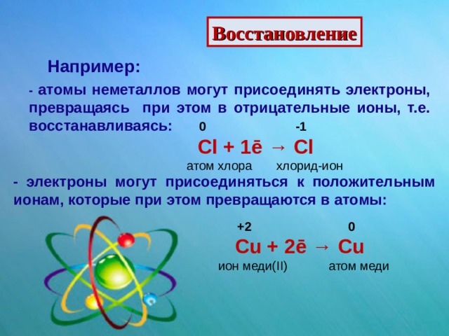 Восстановление Например: - атомы неметаллов могут присоединять электроны, превращаясь при этом в отрицательные ионы, т.е. восстанавливаясь:  0 -1  Cl + 1ē → Cl атом хлора хлорид-ион - электроны могут присоединяться к положительным ионам, которые при этом превращаются в атомы:  +2 0  Cu + 2ē → Cu ион меди( II ) атом меди 