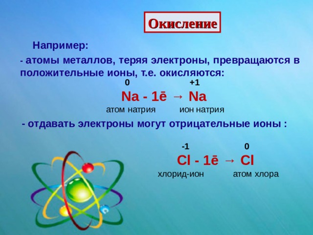 Окисление Например: - атомы металлов, теряя электроны, превращаются в положительные ионы, т.е. окисляются:  0 + 1  Na - 1ē → Na атом натрия ион натрия - отдавать электроны могут отрицательные ионы :  -1 0  Cl  -  1 ē → Cl хлорид-ион атом хлора 