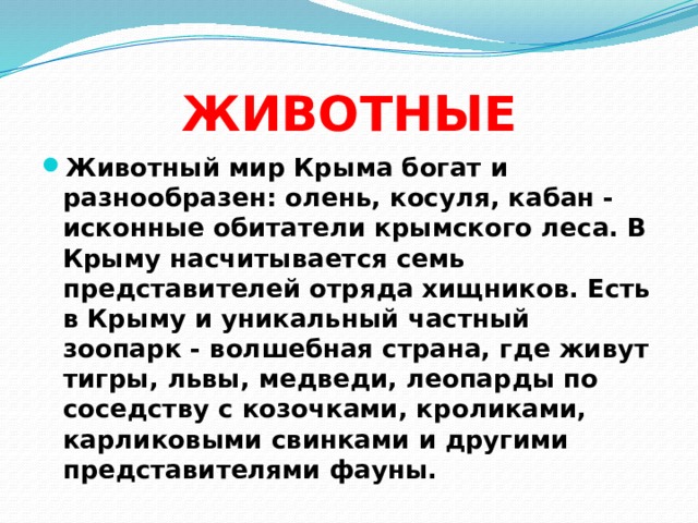 ЖИВОТНЫЕ Животный мир Крыма богат и разнообразен: олень, косуля, кабан - исконные обитатели крымского леса. В Крыму насчитывается семь представителей отряда хищников. Есть в Крыму и уникальный частный зоопарк - волшебная страна, где живут тигры, львы, медведи, леопарды по соседству с козочками, кроликами, карликовыми свинками и другими представителями фауны. 