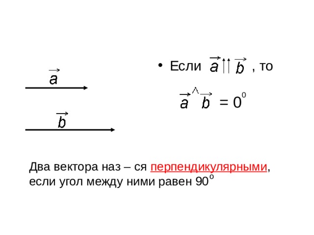 = 0 Два вектора наз – ся перпендикулярными , если угол между ними равен 90 