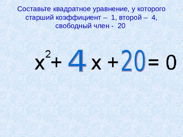 C оставьте квадратное уравнение, у которого старший коэффициент – 1, второй – 4, свободный член - 20 