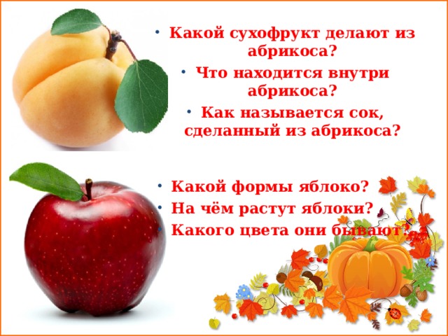  Какой сухофрукт делают из абрикоса? Что находится внутри абрикоса? Как называется сок, сделанный из абрикоса?  Какой формы яблоко? На чём растут яблоки? Какого цвета они бывают? 