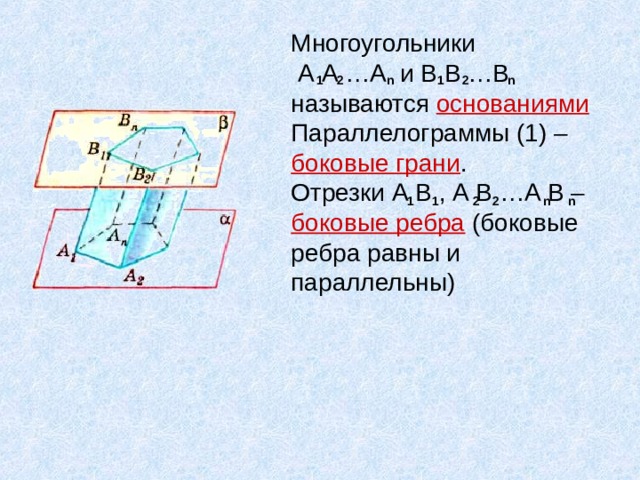 1 1 2 2 n n Многоугольники  А А …А и В В …В  называются основаниями  Параллелограммы (1) – боковые грани .  Отрезки А В , А В …А В – боковые ребра (боковые ребра равны и параллельны) 1 1 2 2 n n 