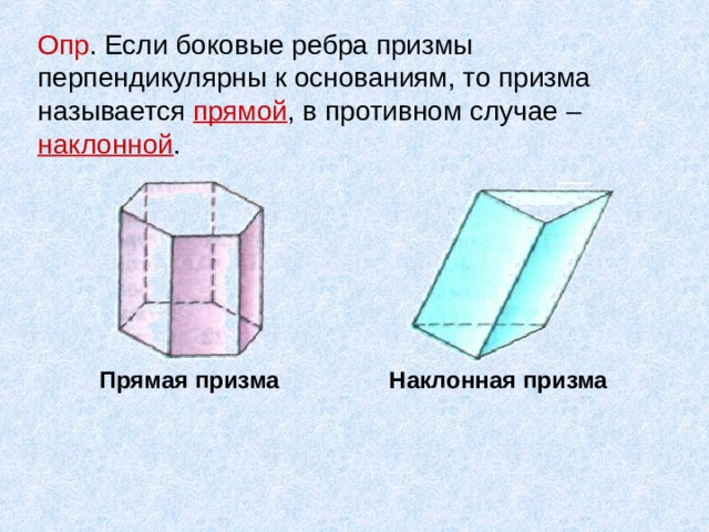 Опр . Если боковые ребра призмы перпендикулярны к основаниям, то призма называется прямой , в противном случае – наклонной . Прямая призма Наклонная призма 