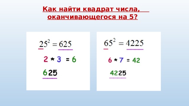 Квадрат числа 5. Возведение в квадрат чисел оканчивающихся на 5. Возведение в квадрат двузначных чисел оканчивающихся на 5. Квадраты чисел оканчивающихся на 5. Как возводить в квадрат числа оканчивающиеся на 5.