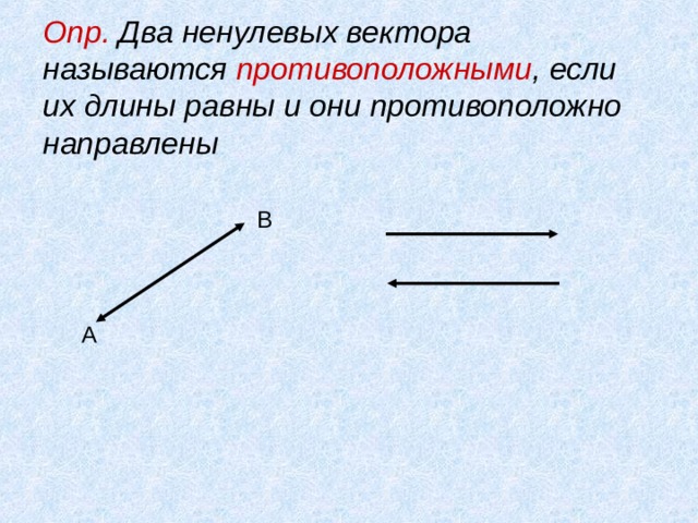 Опр. Два ненулевых вектора называются противоположными , если их длины равны и они противоположно направлены В А 