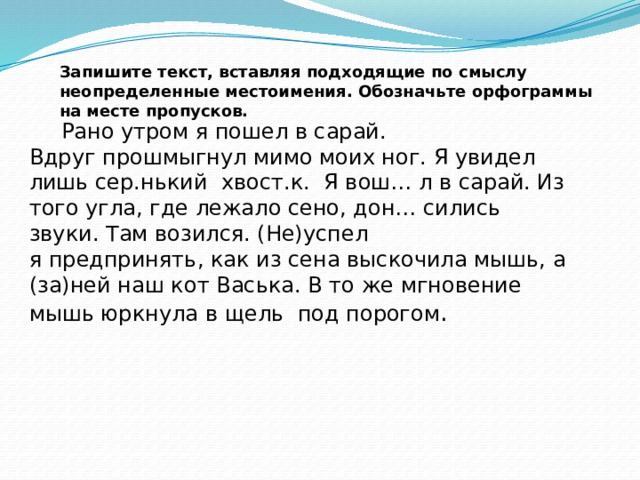 Запишите текст, вставляя подходящие по смыслу неопределенные местоимения. Обозначьте орфограммы на месте пропусков.     Рано утром я пошел в сарай. Вдруг прошмыгнул мимо моих ног. Я увидел лишь сер.нький хвост.к. Я вош… л в сарай. Из того угла, где лежало сено, дон… сились  звуки. Там возился. (Не)успел я предпринять, как из сена выскочила мышь, а (за)ней наш кот Васька. В то же мгновение мышь юркнула в щель  под порогом . 