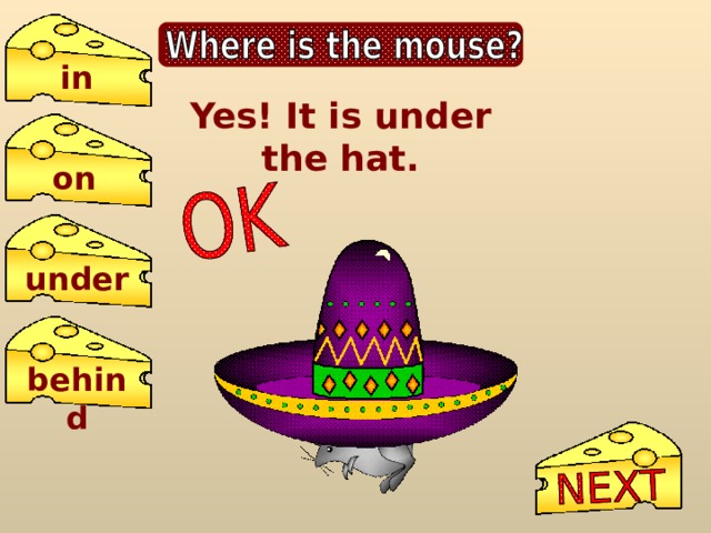 in Yes! It is under the hat. on under behind 