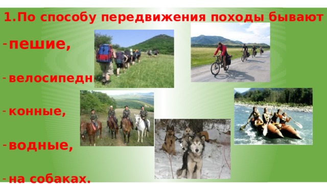 По способу передвижения походы бывают  пешие,  велосипедные,  конные,  водные,  на собаках. 