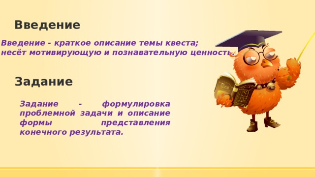 Введение Введение - краткое описание темы квеста; несёт мотивирующую и познавательную ценность. Задание Задание - формулировка проблемной задачи и описание формы представления конечного результата. 