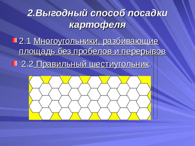 2.Выгодный способ посадки картофеля 2.1 Многоугольники, разбивающие площадь без пробелов и перерывов   2.2 Правильный шестиугольник .     