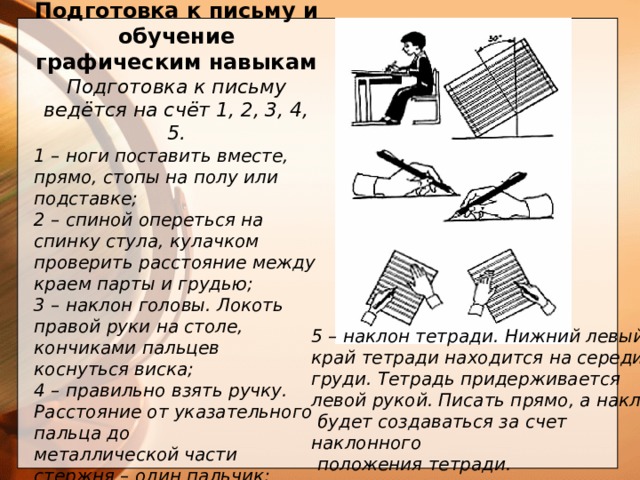  Подготовка к письму и обучение графическим навыкам Подготовка к письму ведётся на счёт 1, 2, 3, 4, 5. 1 – ноги поставить вместе, прямо, стопы на полу или подставке; 2 – спиной опереться на спинку стула, кулачком проверить расстояние между краем парты и грудью; 3 – наклон головы. Локоть правой руки на столе, кончиками пальцев коснуться виска; 4 – правильно взять ручку. Расстояние от указательного пальца до металлической части стержня – один пальчик;        5 – наклон тетради. Нижний левый край тетради находится на середине груди. Тетрадь придерживается левой рукой. Писать прямо, а наклон  будет создаваться за счет наклонного  положения тетради.       