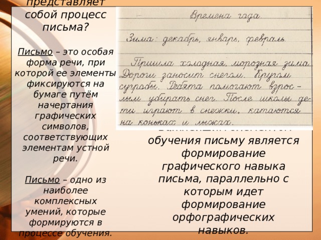 Что же представляет собой процесс письма?  Письмо – это особая форма речи, при которой ее элементы фиксируются на бумаге путём начертания графических символов, соответствующих элементам устной речи.  Письмо – одно из наиболее комплексных умений, которые формируются в процессе обучения.       Важнейшим элементом обучения письму является формирование графического навыка письма, параллельно с которым идет формирование орфографических навыков.    