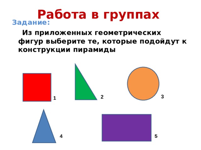 Работа в группах   Задание:  Из приложенных геометрических фигур выберите те, которые подойдут к конструкции пирамиды  1 3 2 4 5