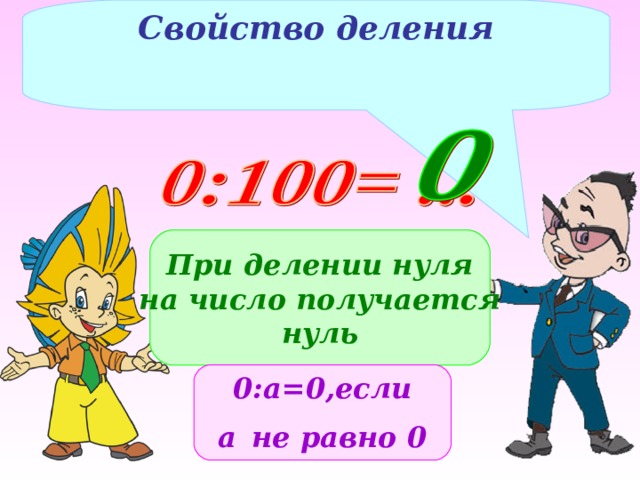 Свойство деления При делении нуля на число получается нуль 0:а=0,если а  не равно 0 