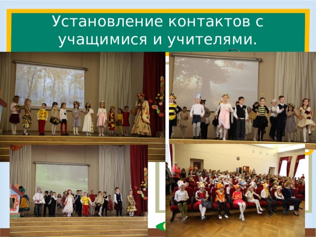 Установление контактов с учащимися и учителями.  Слайд для вставки текста с картинкой. Это организация игр на знакомство с одноклассниками, организация дежурства в классе и в столовой, поздравление именинников, проведение общего праздника ( на котором постарались задействовать каждого ученика), проведение экскурсий. После первой экскурсии в Коломенское, в конце которой их угощали чаем с блинами. В конце второй экскурсии спросили: « А кормить нас будут?»  