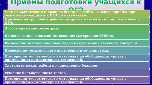 Приемы подготовки учащихся к ОГЭ Устные вычисления и правила быстрого счёта - важные приёмы при подготовке учащихся к ОГЭ по математике . Применение групповой работы на уроках математики при подготовке к ОГЭ. Особое внимание геометрии. . Использование в домашних заданиях материалов КИМов . Включение экзаменационных задач в содержание текущего контроля . Проведение тематического повторения в течении года. Повторения теоретического материала на обобщающих уроках с применением компьютерных технологий. Систематическая работа по заполнению бланков.  Решение большого числа тестов.  Повторения теоретического материала на обобщающих уроках с применением компьютерных технологий. 