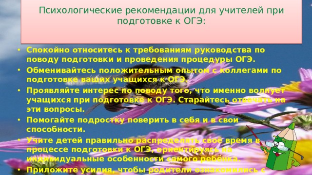 Психологические рекомендации для учителей при подготовке к ОГЭ:   Спокойно относитесь к требованиям руководства по поводу подготовки и проведения процедуры ОГЭ. Обменивайтесь положительным опытом с коллегами по подготовке ваших учащихся к ОГЭ. Проявляйте интерес по поводу того, что именно волнует учащихся при подготовке к ОГЭ. Старайтесь отвечать на эти вопросы. Помогайте подростку поверить в себя и в свои способности. Учите детей правильно распределять своё время в процессе подготовки к ОГЭ, ориентируясь на индивидуальные особенности самого ребёнка. Приложите усилия, чтобы родители ознакомились с правилами для выпускников и оказывали ему всестороннюю помощь и поддержку  6 