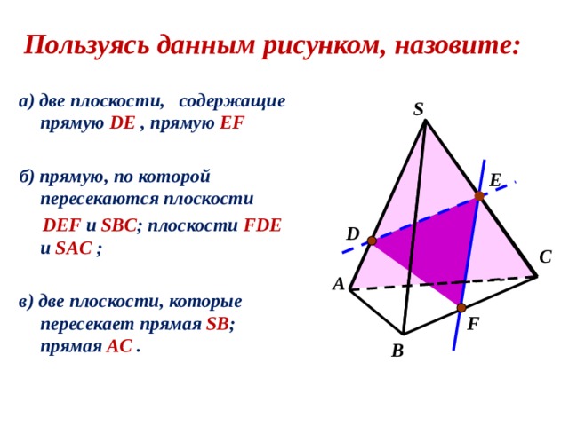 Пользуясь данным рисунком, назовите: а) две плоскости, содержащие прямую DE , прямую EF  б) прямую, по которой пересекаются плоскости  DEF и SBC ; плоскости FDE и SAC ;  в) две плоскости, которые пересекает прямая SB ; прямая AC . S E D С А F В