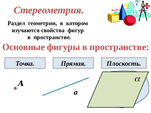 Стереометрия. Раздел геометрии, в котором изучаются свойства фигур в пространстве. Основные фигуры в пространстве: Точка. Прямая. Плоскость. А а