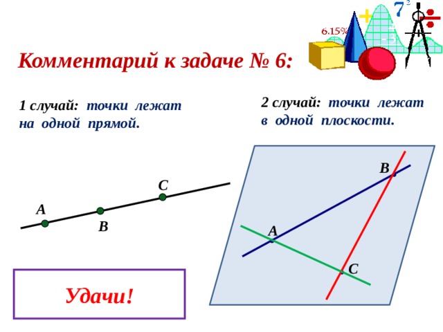 Комментарий к задаче № 6: 2 случай: точки лежат в одной плоскости. 1 случай: точки лежат на одной прямой. В С А В А С Удачи!