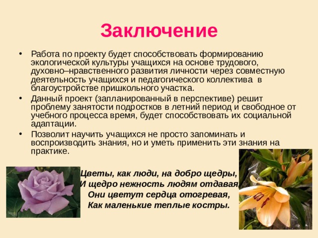 Заключение Работа по проекту будет способствовать формированию экологической культуры учащихся на основе трудового, духовно–нравственного развития личности через совместную деятельность учащихся и педагогического коллектива в благоустройстве пришкольного участка. Данный проект (запланированный в перспективе) решит проблему занятости подростков в летний период и свободное от учебного процесса время, будет способствовать их социальной адаптации. Позволит научить учащихся не просто запоминать и воспроизводить знания, но и уметь применить эти знания на практике.  Цветы, как люди, на добро щедры,  И щедро нежность людям отдавая, Они цветут сердца отогревая, Как маленькие теплые костры. 