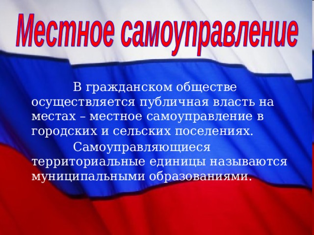  В гражданском обществе осуществляется публичная власть на местах – местное самоуправление в городских и сельских поселениях.  Самоуправляющиеся территориальные единицы называются муниципальными образованиями. 