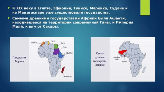 К XIX веку в Египте, Эфиопии, Тунисе, Марокко, Судане и на Мадагаскаре уже существовали государства. Самыми древними государствами Африки были Аша̀нти, находившееся на территории современной Га̀ны, и Империя Малѝ, к югу от Сахары. 