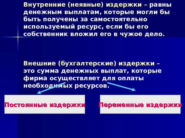 Внутренние (неявные) издержки – равны денежным выплатам, которые могли бы быть получены за самостоятельно используемый ресурс, если бы его собственник вложил его в чужое дело.     Внешние (бухгалтерские) издержки – это сумма денежных выплат, которые фирма осуществляет для оплаты необходимых ресурсов.   Постоянные издержки Переменные издержки 