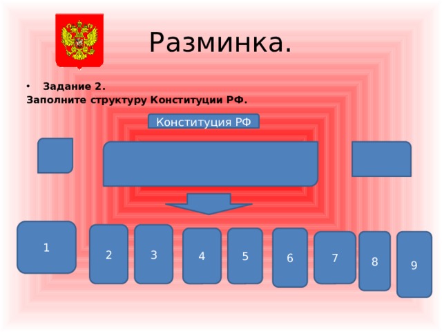 Разминка. Задание 2. Заполните структуру Конституции РФ.          Конституция РФ 1 3 2 4 5 6 7 8 9 