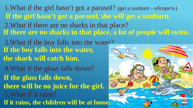 1.What if the girl hasn’t got a parasol? (get a sunburn - обгореть) 2.What if there are no sharks in that place? 3.What if the boy falls into the water? 4.What if the glass falls down? 5.What if it rains?  If the girl hasn’t got a parasol, she will get a sunburn. If there are no sharks in that place, a lot of people will swim. If the boy falls into the water, the shark will catch him. If the glass falls down, there will be no juice for the girl. If it rains, the children will be at home. 