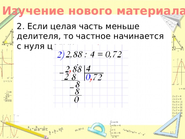 Изучение нового материала 2. Если целая часть меньше делителя, то частное начинается с нуля целых.