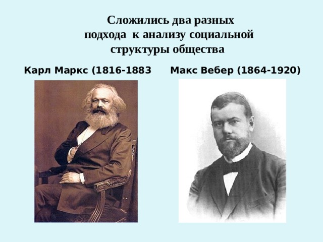  Сложились два разных  подхода к анализу социальной  структуры общества Карл Маркс (1816-1883 Макс Вебер (1864-1920) 