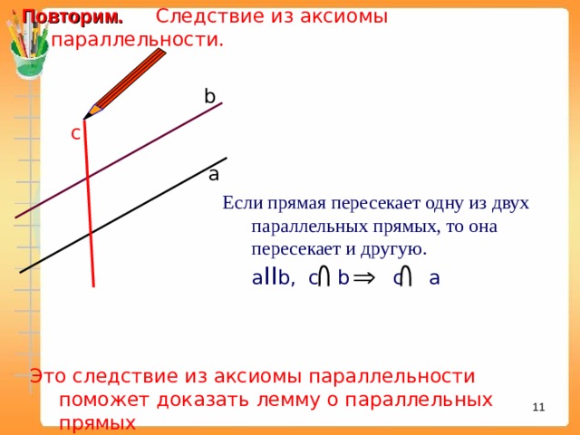 Повторим.  Следствие из аксиомы параллельности.  b c а Если прямая пересекает одну из двух параллельных прямых, то она пересекает и другую.  a II b , c b c a Это следствие из аксиомы параллельности поможет доказать лемму о параллельных прямых 7 