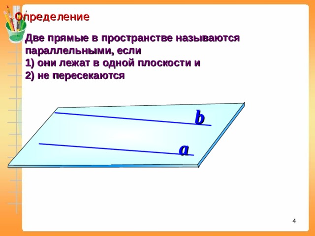  Определение Две прямые в пространстве называются параллельными, если 1) они лежат в одной плоскости и 2) не пересекаются b a 2 