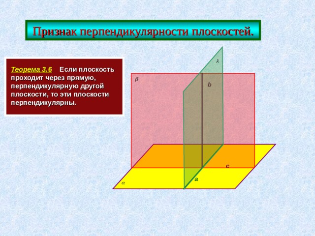  Признак перпендикулярности плоскостей.  Теорема 3.6  Если плоскость проходит через прямую, перпендикулярную другой плоскости, то эти плоскости перпендикулярны.   b  c a 