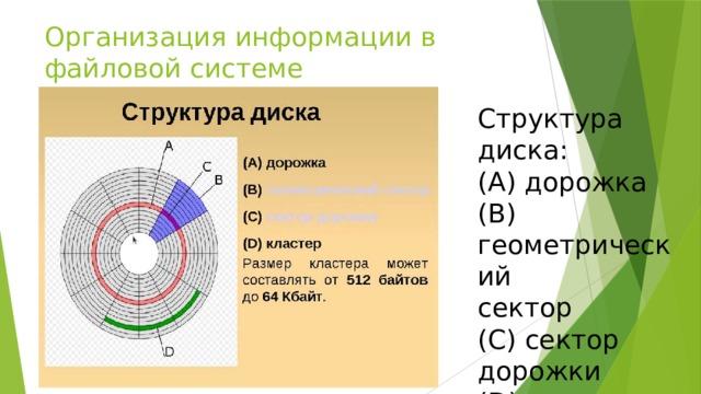 Организация информации в файловой системе Структура диска: (A) дорожка (B) геометрический сектор (C) сектор дорожки (D) кластер 