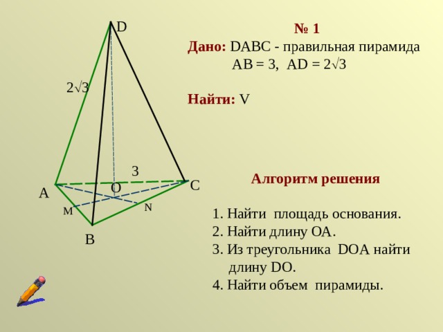 D № 1 Дано:  DABC  - правильная пирамида  АВ = 3, AD  =  2  3 Найти :  V 2  3 3 Алгоритм решения  1. Найти площадь основания. 2. Найти длину ОА. 3. Из треугольника DOА найти длину DO. 4. Найти объем пирамиды. С О А N М В 