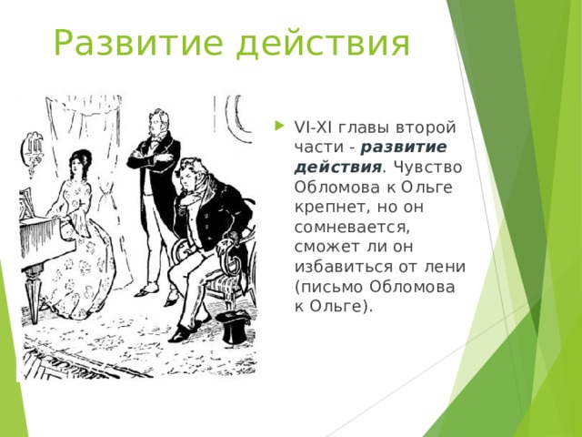 Развитие действия VI - XI главы второй части -  развитие действия . Чувство Обломова к Ольге крепнет, но он сомневается, сможет ли он избавиться от лени (письмо Обломова к Ольге). 