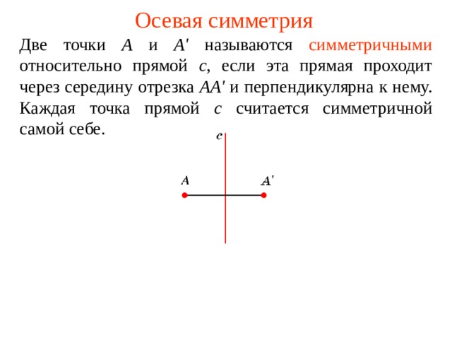 Осевая симметрия Две точки А и А' называются  симметричными относительно прямой с , если эта прямая проходит через середину отрезка АА' и перпендикулярна к нему. Каждая точка прямой c считается симметричной самой себе. В режиме слайдов ответы появляются после кликанья мышкой  
