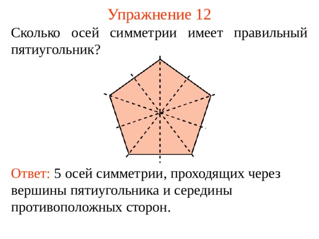 Упражнение 12 Сколько осей симметрии имеет правильный пя тиугольник? В режиме слайдов ответы появляются после кликанья мышкой Ответ:  5 осей симметрии , проходящи х через вершины пятиугольника и середины противоположных сторон .  14 