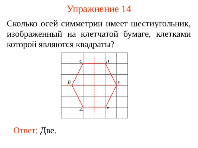 Упражнение 14 Сколько осей симметрии имеет шестиугольник, изображенный на клетчатой бумаге, клетками которой являются квадраты? В режиме слайдов ответы появляются после кликанья мышкой Ответ:  Две . 16 